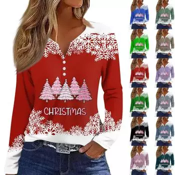 Жен. Футболка Футболка Пуговицы Цветочный принт Длинный рукав Повседневные Выходные Мода Классический Классический V-образный вырез Обычный Топ S чёрный