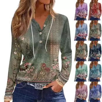 Жен. Футболка Футболка Пуговицы Цветочный принт Длинный рукав Повседневные Выходные Мода Классический Классический V-образный вырез Обычный Топ L армия зеленый