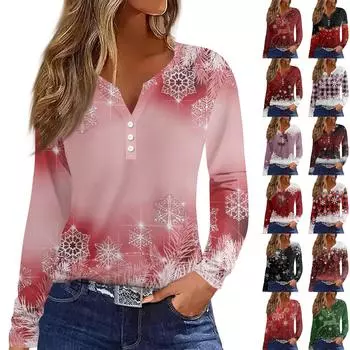 Жен. Футболка Футболка Пуговицы Цветочный принт Длинный рукав Повседневные Выходные Мода Классический Классический V-образный вырез Обычный Топ XXL чёрный