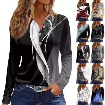 Жен. Футболка Футболка Пуговицы Цветочный принт Длинный рукав Повседневные Выходные Мода Классический Классический V-образный вырез Обычный Топ M оранжевый