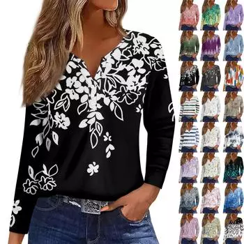 Жен. Футболка Футболка Пуговицы Цветочный принт Длинный рукав Повседневные Выходные Мода Классический Классический V-образный вырез Обычный Топ S
