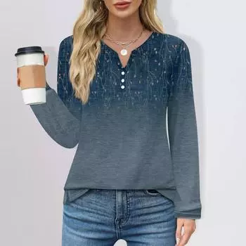 Жен. Футболка Футболка Пуговицы Цветочный принт Длинный рукав Повседневные Выходные Мода Классический Классический V-образный вырез Обычный Топ XXL синий