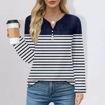 Жен. Футболка Футболка Пуговицы Цветочный принт Длинный рукав Повседневные Выходные Мода Классический Классический V-образный вырез Обычный Топ M тёмно-синий