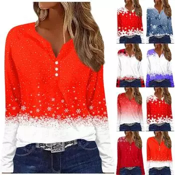 Жен. Футболка Футболка Пуговицы Длинный рукав Рождественский принт Повседневные Выходные Мода Классический V-образный вырез Обычный Верх XXXL синий