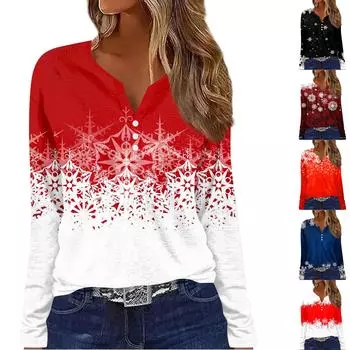 Жен. Футболка Футболка Пуговицы Длинный рукав Рождественский принт Повседневные Выходные Мода Классический V-образный вырез Обычный Верх L чёрный