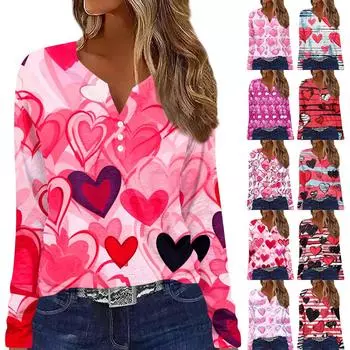 Жен. Футболка Футболка Пуговицы Длинный рукав Сердце С принтом Повседневные Выходные Мода Классический V-образный вырез Обычный Верх M розовый