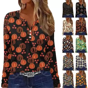 Жен. Футболка Футболка Пуговицы Хэллоуин С принтом Длинный рукав Повседневные Выходные Мода Классический Классический V-образный вырез Обычный Топ M чёрный