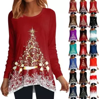 Жен. Футболка Футболка Рождественская рубашка Туника Неровный подол С принтом Длинный рукав С принтом выходного дня Рождество Круглый вырез Обычный крой Осень и зима XXXL чёрный