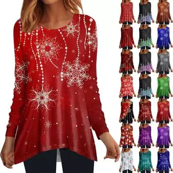 Жен. Футболка Футболка Рождественская рубашка Туника Неровный подол С принтом Длинный рукав С принтом выходного дня Рождество Круглый вырез Обычный крой Осень и зима L красный