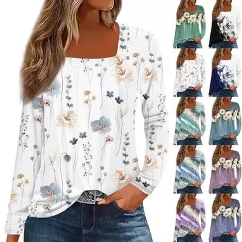 Жен. Футболка Футболка С цветочным принтом Длинный рукав Повседневные Выходные Мода Классический Квадратный вырез Обычный Топ XXXL