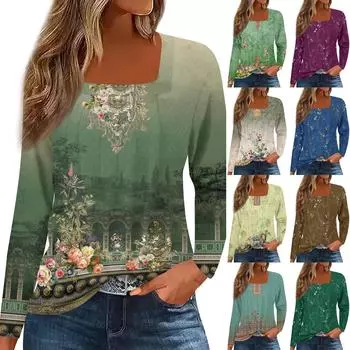 Жен. Футболка Футболка С цветочным принтом Длинный рукав Повседневные Выходные Мода Классический Квадратный вырез Обычный Топ XL