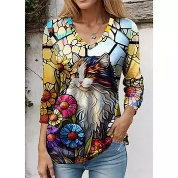 Жен. Футболка Футболка с цветочным принтом Кот Повседневная Праздники Желтый Синий Фиолетовый С принтом Длинный рукав Мода Забавный V-образный вырез Обычный крой Весна и осень S