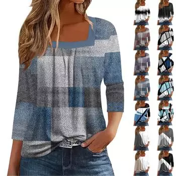 Жен. Футболка Футболка С цветочным принтом Рукав 3/4 Повседневные Выходные Мода Классический Квадратный вырез Обычный Топ L винный