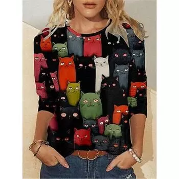 Жен. Футболка Футболка с изображением кота Повседневные выходные Черный Белый Желтый С принтом Длинный рукав Мода Круглый вырез Обычный крой Весна и осень S