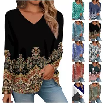 Жен. Футболка Футболка С принтом Длинный рукав Повседневные Выходные Повседневные Классический V-образный вырез Обычный Осень Зима Верхушки XL чёрный