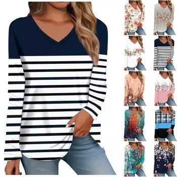 Жен. Футболка Футболка С принтом Длинный рукав Повседневные Выходные Повседневные Классический V-образный вырез Обычный Осень Зима Верхушки L чёрный