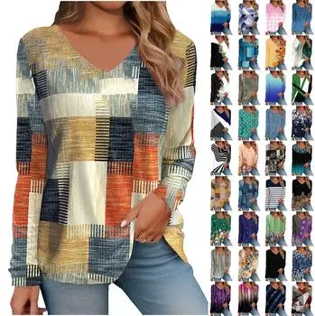 Жен. Футболка Футболка С принтом Длинный рукав Повседневные Выходные Повседневные Классический V-образный вырез Обычный Осень Зима Верхушки XL синий