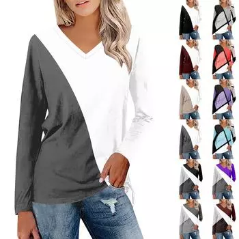 Жен. Футболка Футболка С принтом Длинный рукав Повседневные Выходные Повседневные Классический V-образный вырез Обычный Осень Зима Верхушки XL