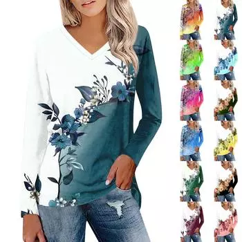Жен. Футболка Футболка С принтом Длинный рукав Повседневные Выходные Повседневные Классический V-образный вырез Обычный Осень Зима Верхушки L чёрный