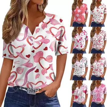 Жен. Футболка Футболка с принтом на пуговицах ко Дню святого Валентина С короткими рукавами Повседневные Мода выходного дня Классический Классический топ с v-образным вырезом L горячий розовый