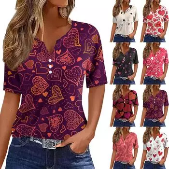 Жен. Футболка Футболка с принтом на пуговицах ко Дню святого Валентина С короткими рукавами Повседневные Мода выходного дня Классический Классический топ с v-образным вырезом L горячий розовый