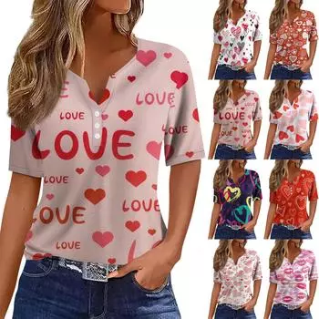 Жен. Футболка Футболка с принтом на пуговицах ко Дню святого Валентина С короткими рукавами Повседневные Мода выходного дня Классический Классический топ с v-образным вырезом L горячий розовый