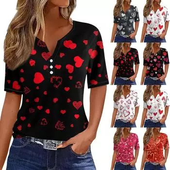 Жен. Футболка Футболка с принтом на пуговицах ко Дню святого Валентина С короткими рукавами Повседневные Мода выходного дня Классический Классический топ с v-образным вырезом XXL