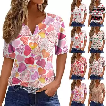 Жен. Футболка Футболка с принтом на пуговицах ко Дню святого Валентина С короткими рукавами Повседневные Мода выходного дня Классический Классический топ с v-образным вырезом S винный