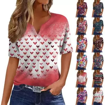 Жен. Футболка Футболка с принтом на пуговицах ко Дню святого Валентина С короткими рукавами Повседневные Мода выходного дня Классический Классический топ с v-образным вырезом XXXL