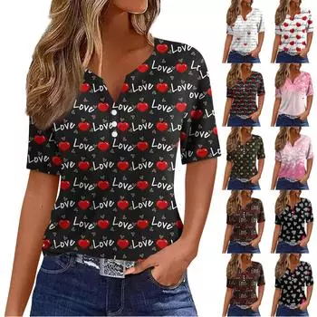 Жен. Футболка Футболка с принтом на пуговицах ко Дню святого Валентина С короткими рукавами Повседневные Мода выходного дня Классический Классический топ с v-образным вырезом L чёрный