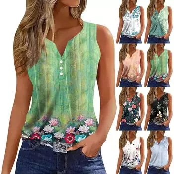 Жен. Футболка Футболка С принтом Пуговицы Без рукавов Повседневные Выходные Мода Классический V-образный вырез Обычный Верх XL