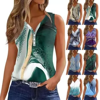 Жен. Футболка Футболка с принтом Пуговицы Без рукавов Повседневные Выходные Мода Классический Классический Верх L синий