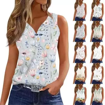 Жен. Футболка Футболка с принтом Пуговицы Без рукавов Повседневные Выходные Мода Классический Классический Верх L бежевый