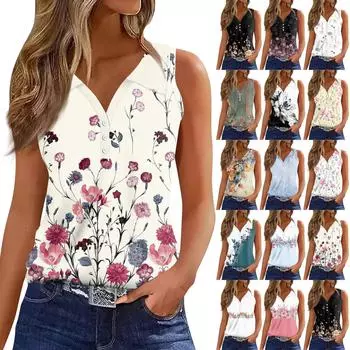 Жен. Футболка Футболка с принтом Пуговицы Без рукавов Повседневные Выходные Мода Классический Классический Верх L