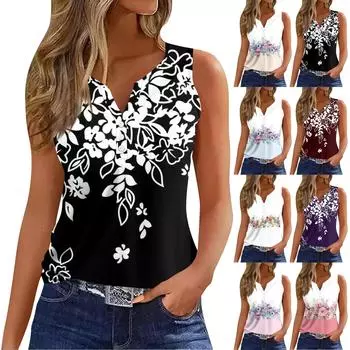 Жен. Футболка Футболка С принтом Пуговицы Без рукавов Повседневные Выходные Мода Классический V-образный вырез Обычный Верх L жёлтый