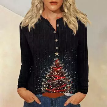 Жен. Футболка Футболка С принтом Пуговицы Длинный рукав Повседневные Выходные Мода Классический V-образный вырез Обычный Верх L чёрный