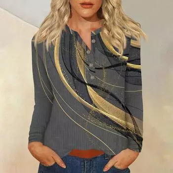 Жен. Футболка Футболка С принтом Пуговицы Длинный рукав Повседневные Выходные Мода Классический V-образный вырез Обычный Верх L