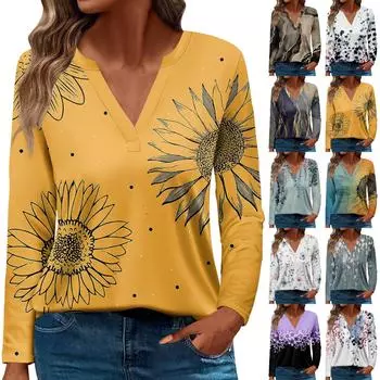 Жен. Футболка Футболка С принтом Пуговицы Длинный рукав Повседневные Выходные Мода Классический V-образный вырез Обычный Топ M серый