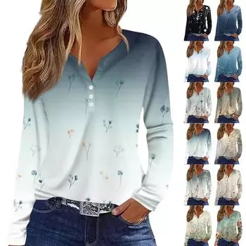 Жен. Футболка Футболка С принтом Пуговицы Длинный рукав Повседневные Выходные Мода Классический V-образный вырез Обычный Верх XXL