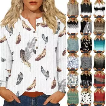 Жен. Футболка Футболка С принтом Пуговицы Длинный рукав Повседневные Выходные Мода Классический V-образный вырез Обычный Верх L чёрный