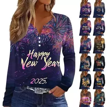 Жен. Футболка Футболка С принтом Пуговицы Длинный рукав Повседневные Выходные Мода Классический V-образный вырез Обычный Верх XXXL