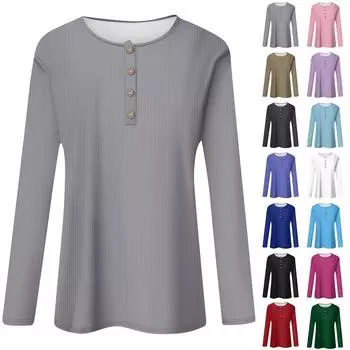 Жен. Футболка Футболка С принтом Пуговицы Длинный рукав Повседневные Выходные Мода Классический V-образный вырез Обычный Верх L чёрный