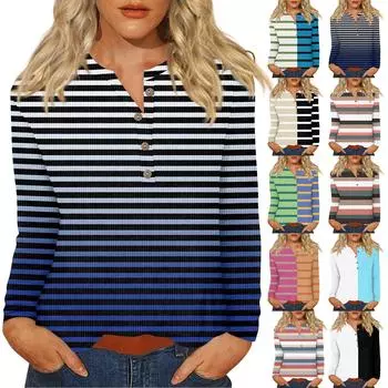 Жен. Футболка Футболка С принтом Пуговицы Длинный рукав Повседневные Выходные Мода Классический V-образный вырез Обычный Верх L бежевый