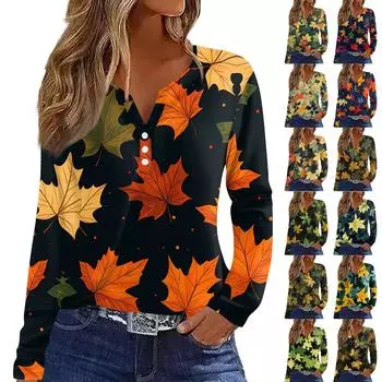Жен. Футболка Футболка С принтом Пуговицы Длинный рукав Повседневные Выходные Мода Классический V-образный вырез Обычный Верх S