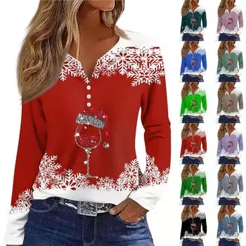 Жен. Футболка Футболка С принтом Пуговицы Длинный рукав Повседневные Выходные Мода Классический V-образный вырез Обычный Верх XXL фиолетовый