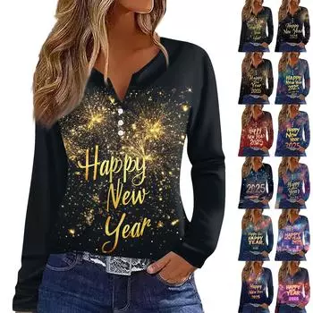 Жен. Футболка Футболка С принтом Пуговицы Длинный рукав Повседневные Выходные Мода Классический V-образный вырез Обычный Верх S жёлтый