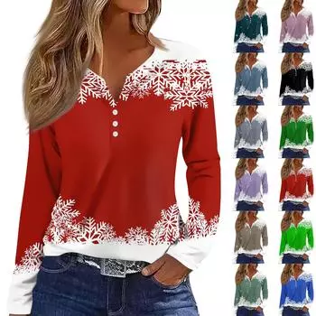 Жен. Футболка Футболка С принтом Пуговицы Длинный рукав Повседневные Выходные Мода Классический V-образный вырез Обычный Верх XL синий