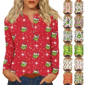 Жен. Футболка Футболка С принтом Пуговицы Длинный рукав Повседневные Выходные Мода Классический V-образный вырез Обычный Верх S белый