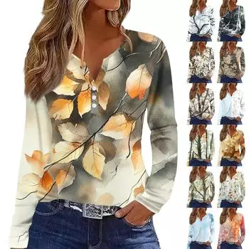 Жен. Футболка Футболка С принтом Пуговицы Длинный рукав Повседневные Выходные Мода Классический V-образный вырез Обычный Верх S бежевый