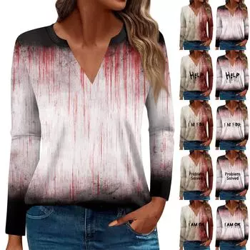 Жен. Футболка Футболка С принтом Пуговицы Длинный рукав Повседневные Выходные Мода Классический V-образный вырез Обычный Топ XXL чёрный